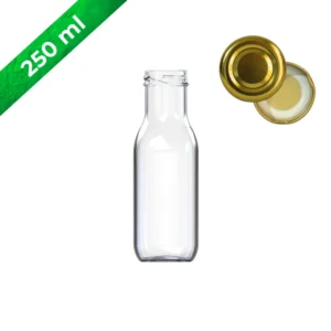 Botella de vidrio 250 ml cuadrada con tapa dorada