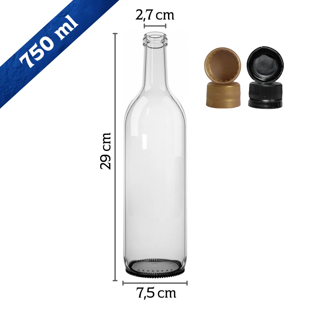 Botella de vidrio 750 ml transparente con tapa plástica | Alta calidad 2 Botella de vidrio 750 ml transparente con tapa plástica | Alta calidad - Imagen 2