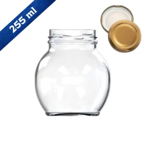 Frasco de vidrio 255 ml con tapa dorada capacidad