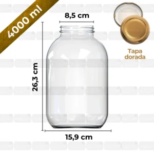 Frasco de vidrio 4000 ml capacidad y medidas tapa dorada marca de agua