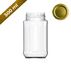 Frasco de vidrio 500 ml redondo con tapa dorada