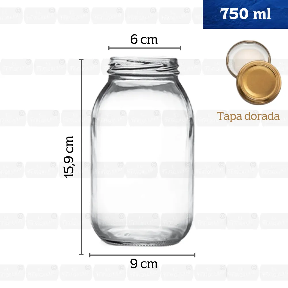 Frasco de vidrio 750 ml con Tapa Dorada | Envase multiusos 2 Frasco de vidrio 750 ml con Tapa Dorada | Envase multiusos - Imagen 2