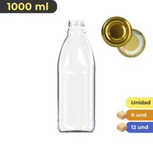 Botella de vidrio 1000 ml redonda con tapa dorada