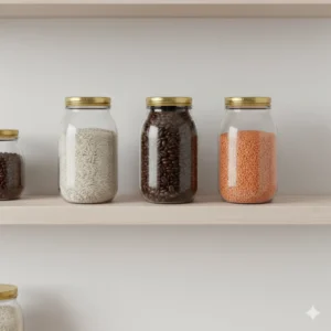 Fila de frascos de vidrio de 750 ml con tapa dorada, usados para organizar una despensa moderna, llenos de arroz, granos de café y lentejas rojas.