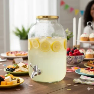 Dispensador de bebidas de vidrio de 4 litros lleno de limonada en una mesa de fiesta, rodeado de postres y aperitivos.