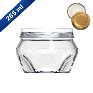 Frasco de vidrio 265 ml con tapa dorada capacidad