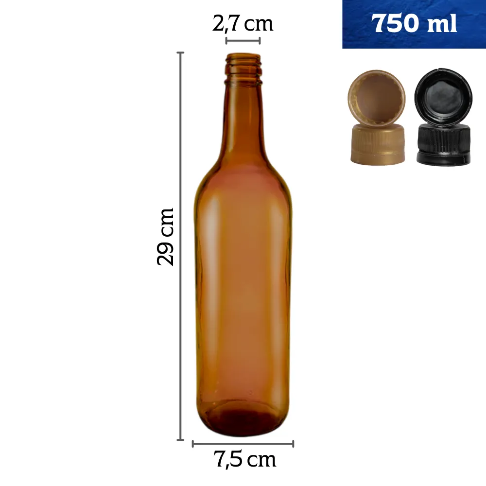 Botella tipo vino 750 ml vidrio ámbar con tapa plástica | Alta calidad 2 Botella tipo vino 750 ml ámbar con tapa rosca plástica fondo blanco con modelos de tapa medidas y capacidad