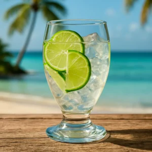 Copa agua Lexington con agua hielo y rodajas de limon en el mar sobre una mesa de madera rustica