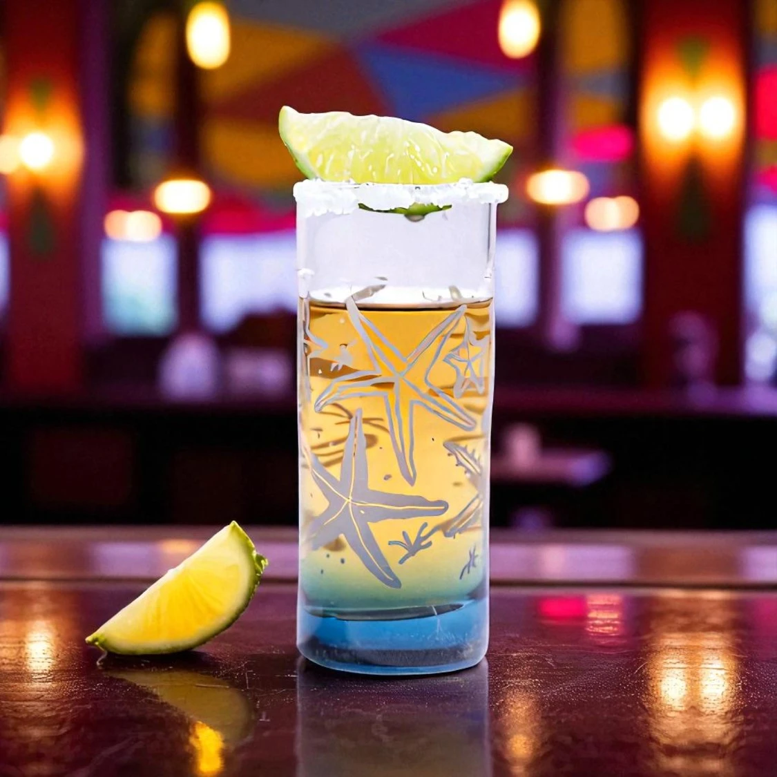 Copa shot Lexington Bohío con bebida y limón en barra