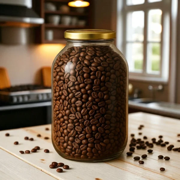 Frasco de vidrio de 4 litros lleno de granos de café sobre mesa en cocina
