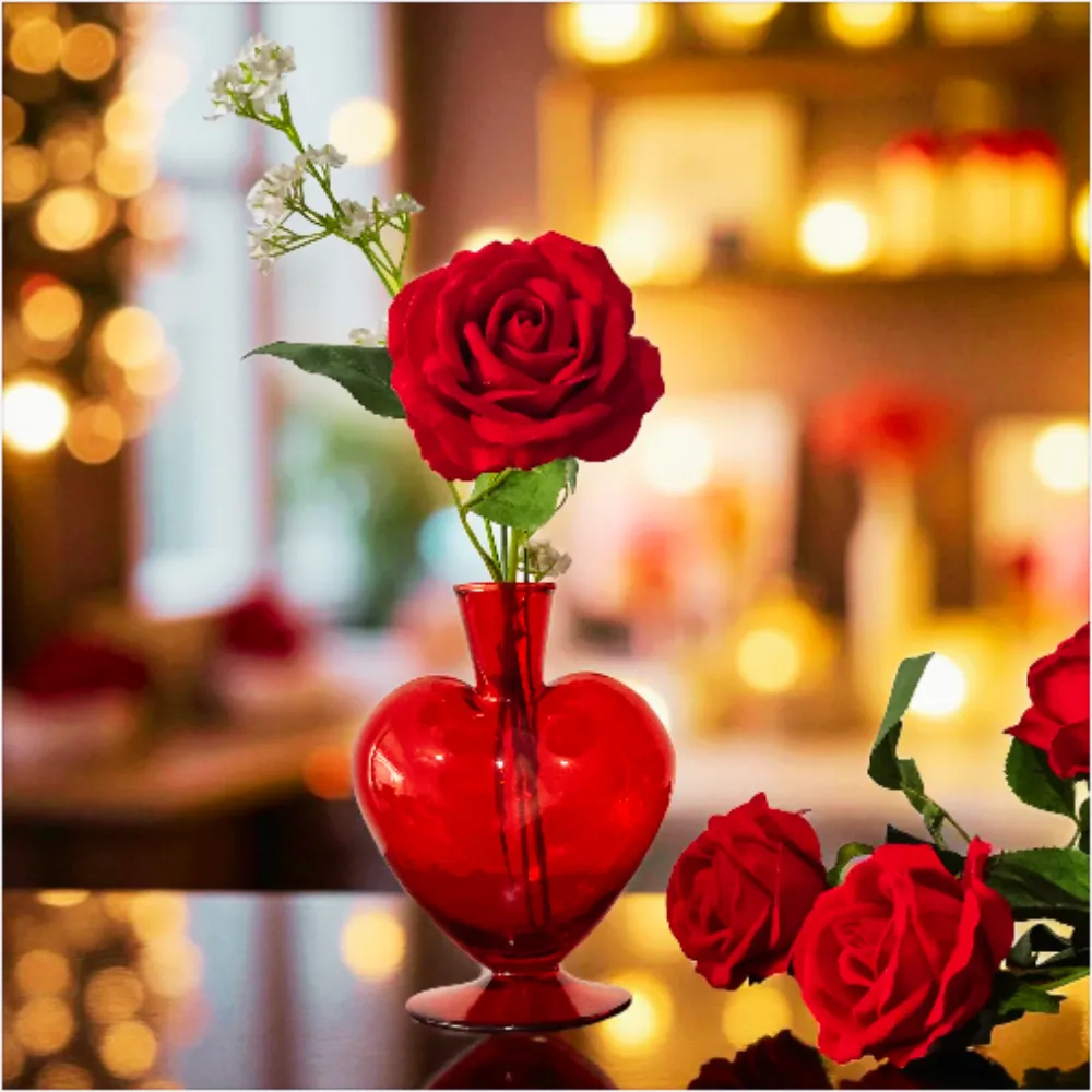 Florero Corazon Rojo con rosa sobre base de madera ambientado