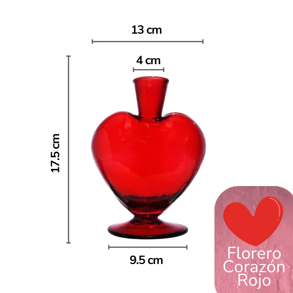 Florero Corazon Rojo fondo blanco con medidas