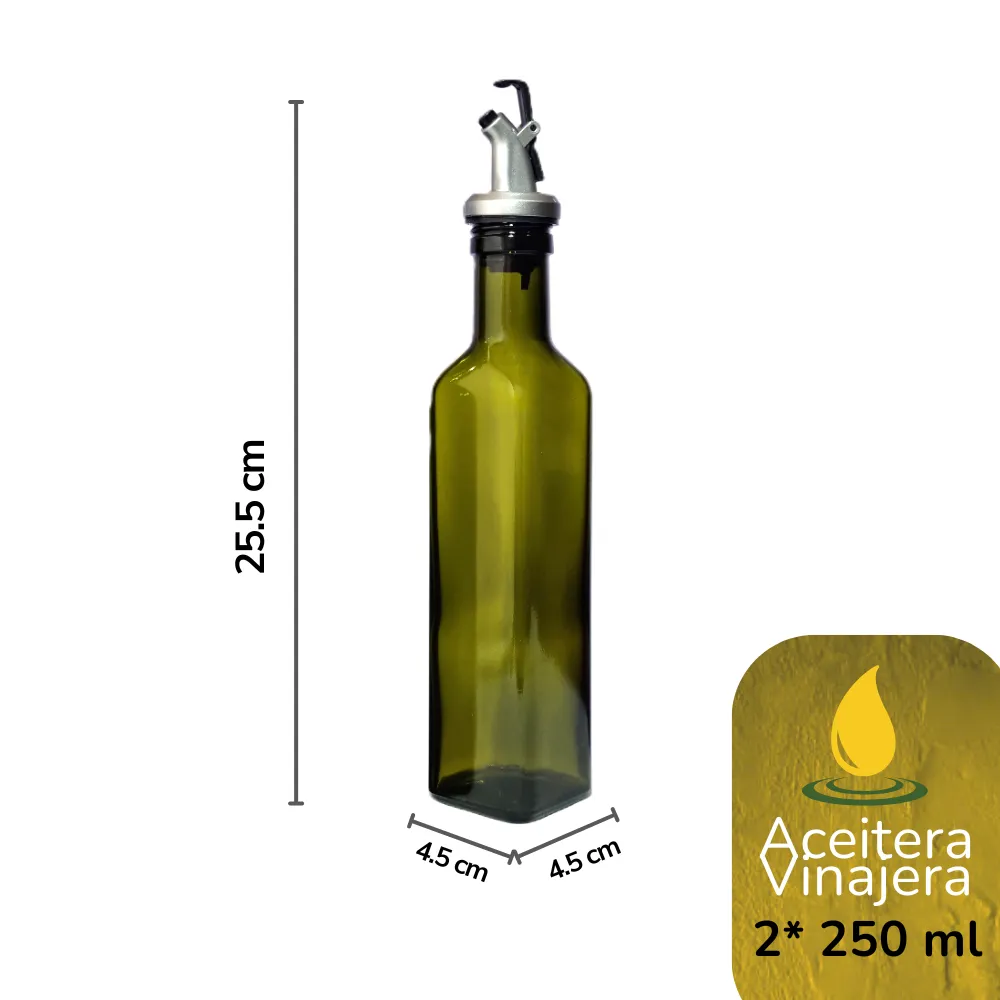 Set 2 vinajeras aceiteras verdes con corcho dispensador fondo blanco con medidas y capacidad