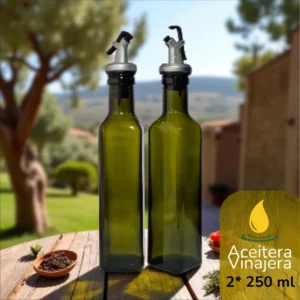 Set 2 Aceiteras Vinagreras verdes en vidrio 250 ml con dispensador metálico