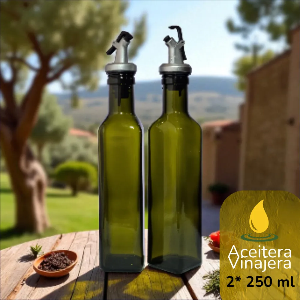 Set 2 Aceiteras Vinagreras verdes en vidrio 250 ml con dispensador metálico
