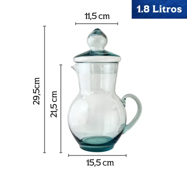 Jarra de vidrio clásica transparente de 1.8 litros con tapa, mostrando sus medidas: 29.5cm alto, 15.5cm diámetro.