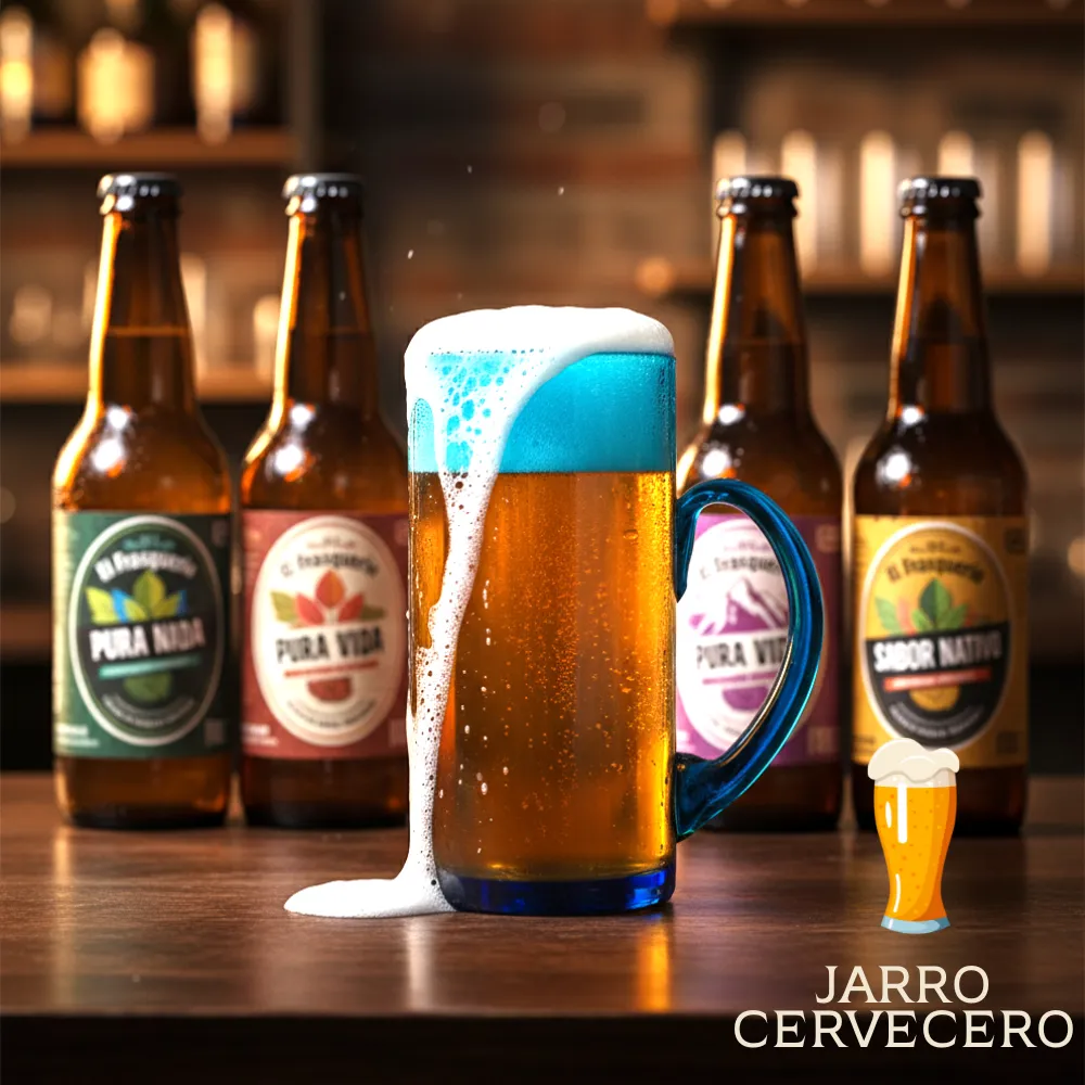 Jarro Cervecero con oreja 500 ml azul cobalto con nombre y cerveza servida botellas de cerveza de fondo