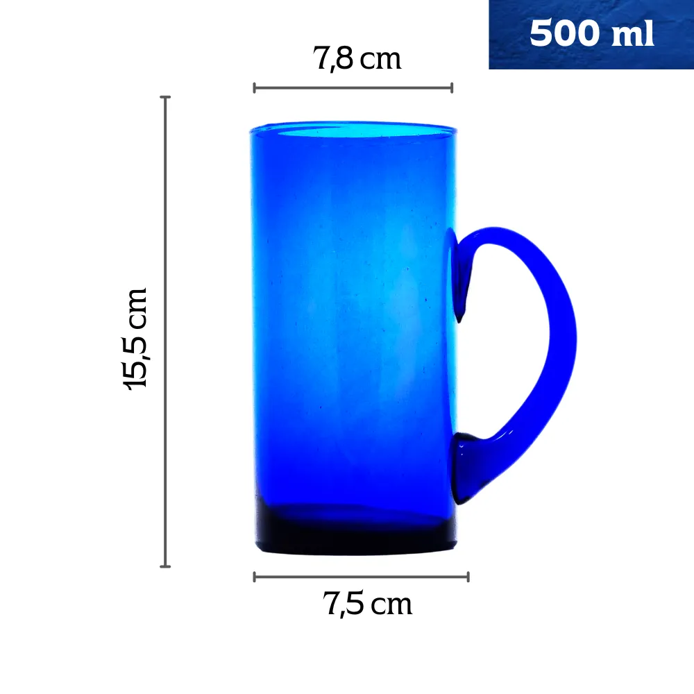 Jarro Cervecero con oreja 500 ml azul cobalto fondo blanco con medidas y capacidad
