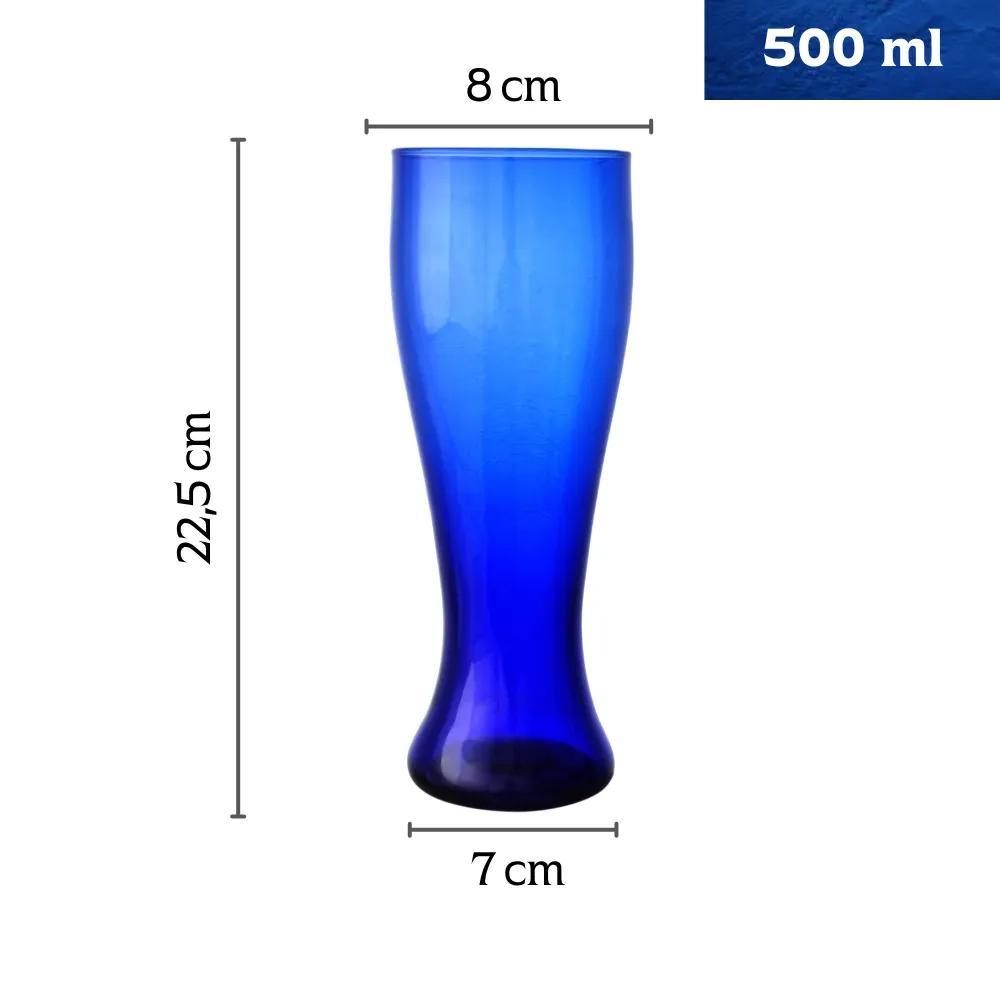 Vaso Cervecero Berlin 500 ml azul cobalto fondo blanco con medidas y capacidad