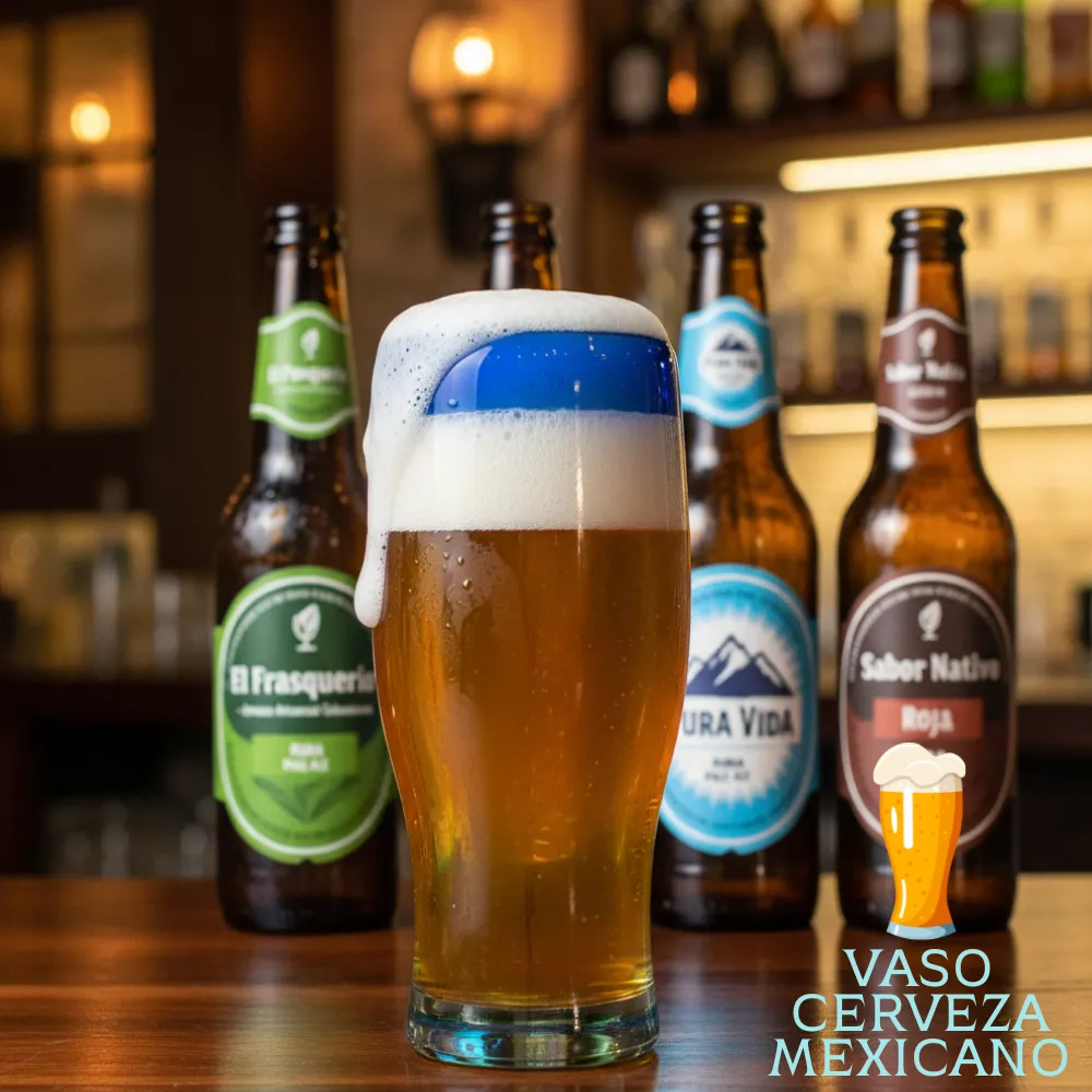 Vaso cerveza mexicano 500 ml ambientado con cerveza en bar sobre mesa de madera y nombre