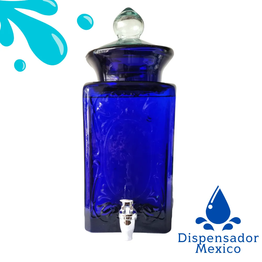 El Impresionante Dispensador de Bebidas de Vidrio Artesanal Azul 3.9L 6 Vista frontal del dispensador de bebidas de vidrio azul cobalto modelo México, con su tapa de vidrio y llave dispensadora, sobre fondo blanco.
