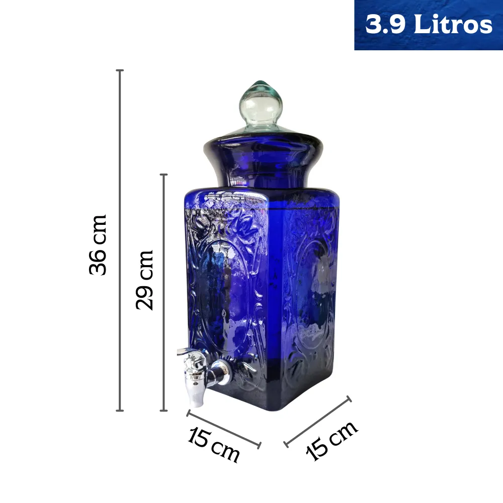 Home 33 Dispensador de bebidas de vidrio artesanal color azul de 3.9 litros, con sus medidas de 36 cm de alto y 15 cm de base.