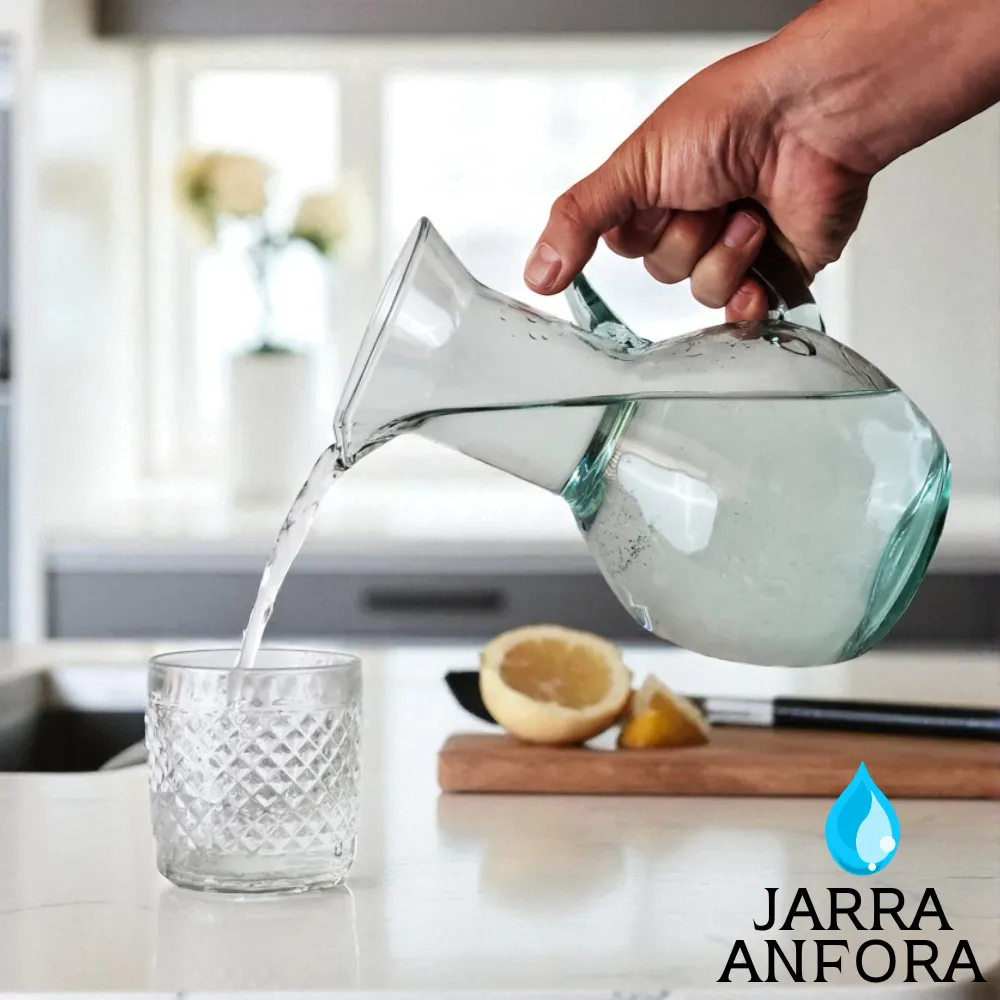 Mano sirviendo agua desde la Jarra Ánfora de vidrio transparente en un vaso, sobre una encimera de cocina moderna con limones al lado.