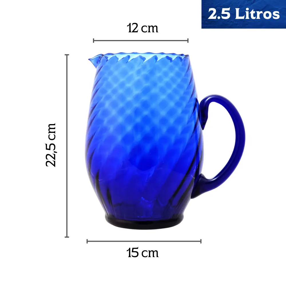 Imagen de la Jarra Chimy de vidrio azul cobalto con sus medidas exactas: 22.5 cm de alto, 15 cm de diámetro y capacidad de 2.5 litros.