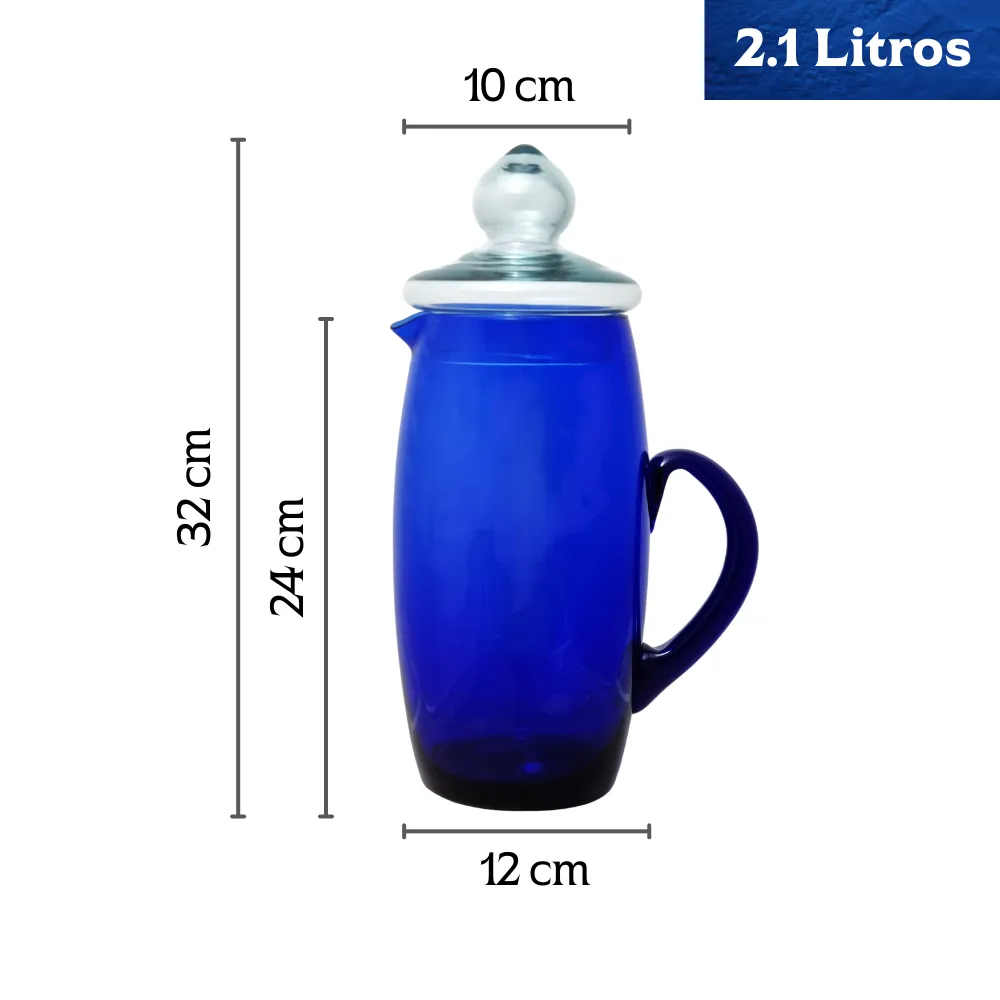 Jarra de vidrio Tamy azul cobalto de 2.1 litros con tapa, mostrando sus dimensiones: 32 cm de altura total y 12 cm de diámetro.