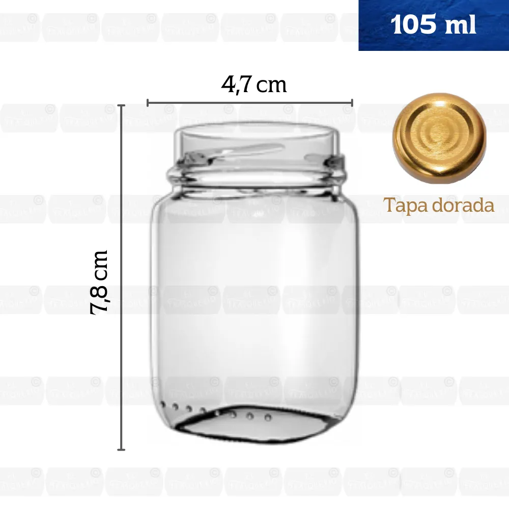 Frasco de vidrio 105 ml con tapa dorada y medidas 7,8 cm x 4,7 cm
