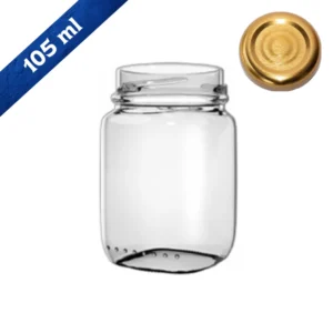 Frasco de vidrio 105 ml tapa dorada EA3781-48 fondo blanco cinta capacidad