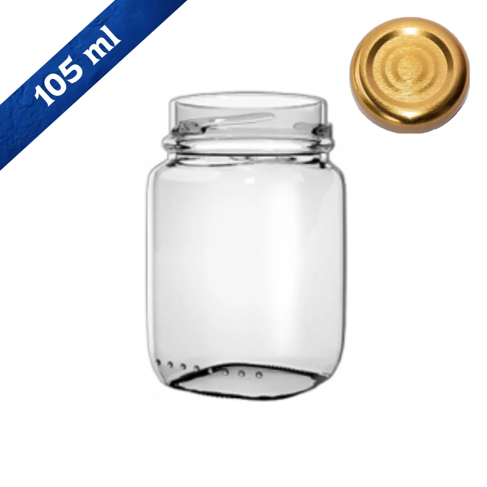 Frasco de Vidrio 105 ml con Tapa Dorada | Para detalles y conservas 1 Frasco de vidrio 105 ml tapa dorada EA3781-48 fondo blanco cinta capacidad