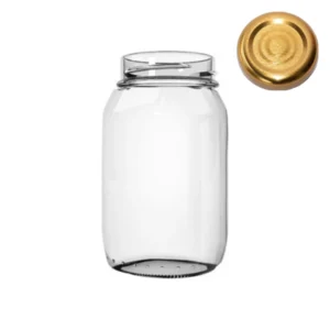 Frasco de vidrio 250 ml con tapa dorada en fondo blanco