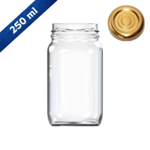 Frasco de Vidrio 250 ml cuadrado con tapa dorada