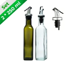 Set 2 aceiteras 250 ml cuadradas verde y transparente