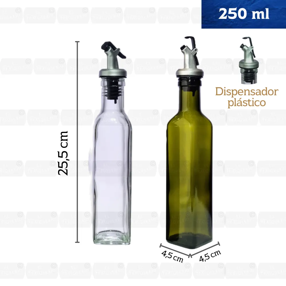 Set Aceitera y Vinagrera 250 ml fondo blanco con medidas y capacidad