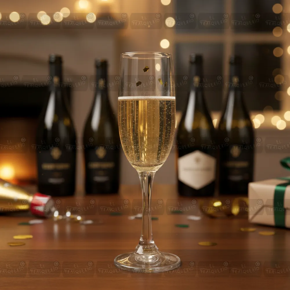 Home 55 Copa Champana Aragon 5436 sobre mesa de madera y botellas de champana de fondo y marca de agua de El Frasquerio