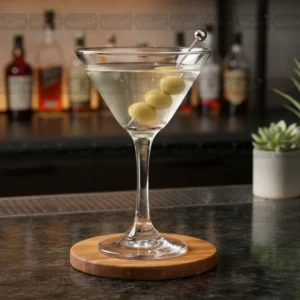Copa Martini 5442 ambientada sobre mesa de marmol en bar servido con aceitunas