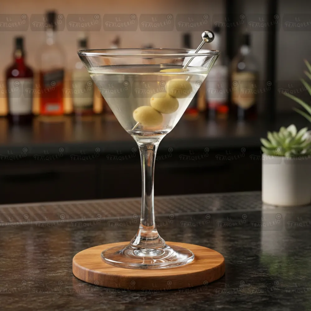 Home 48 Copa Martini 5442 ambientada sobre mesa de marmol en bar servido con aceitunas