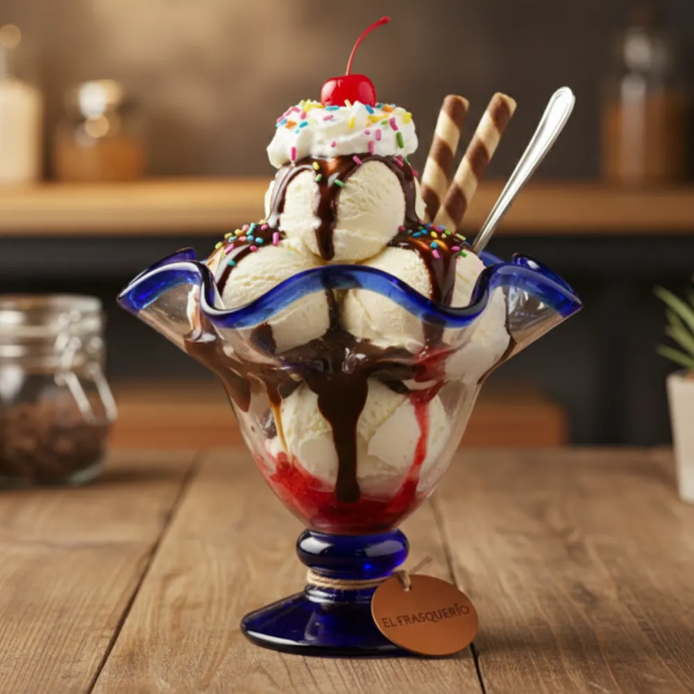 Home 40 Copa helado línea azul artesanal con helado sobre mesa de madera