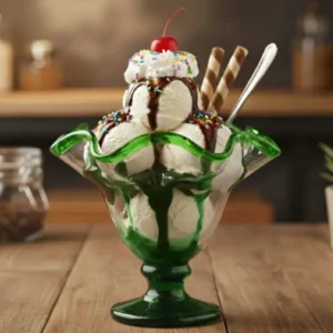 Copa helado línea verde artesanal con helado sobre mesa de madera