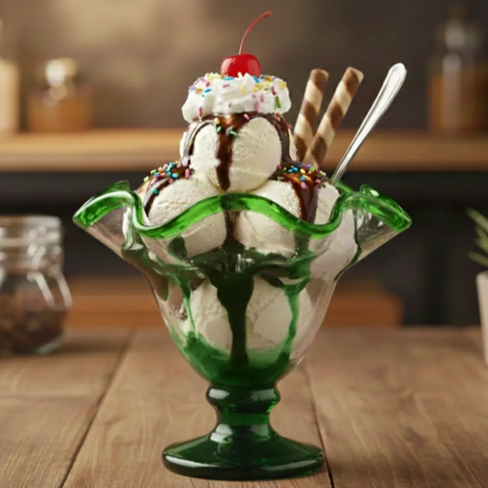 Home 36 Copa helado línea verde artesanal con helado sobre mesa de madera