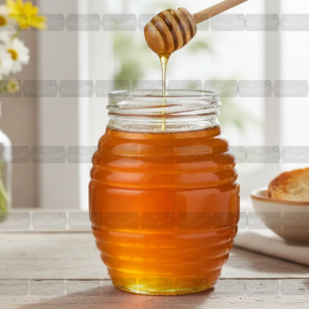 Home 43 Frasco de vidrio mielero 370 ml con tapa dorada ambientado sobre mesa de madera con miel