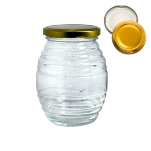 Frasco de vidrio mielero 370 ml con tapa dorada fondo blanco