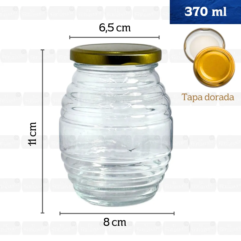 Home 41 Frasco de vidrio mielero 370 ml con tapa dorada fondo blanco con medidas y capacidad