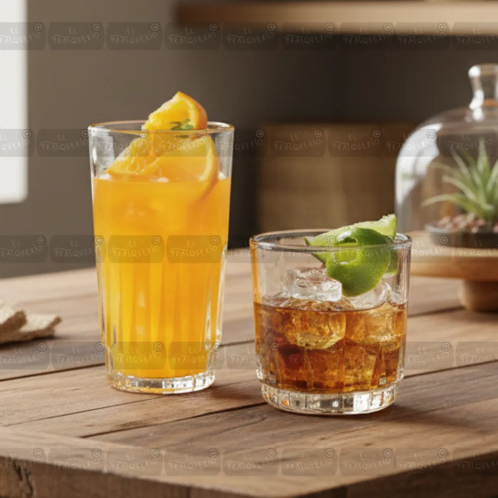 Home 44 Set 12 vasos Prisma Cristar ambientado sobre mesa de madera con jugo y bebida con marca de agua