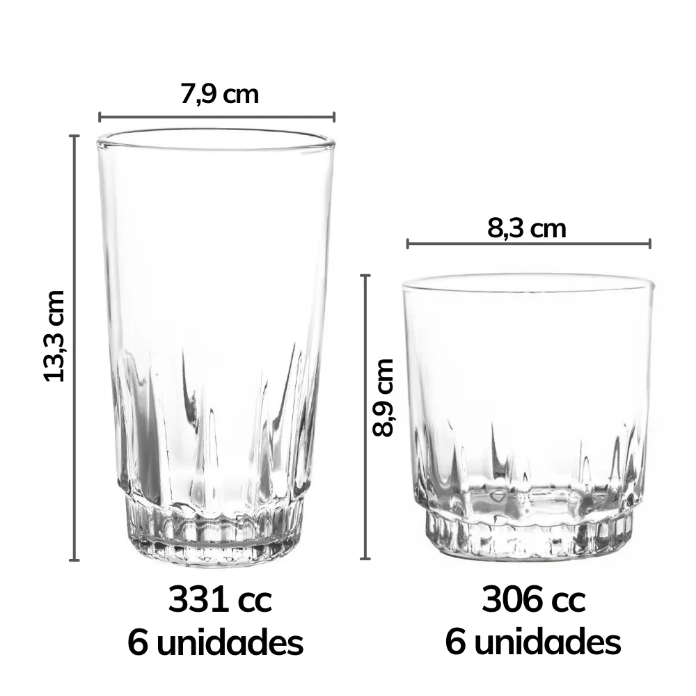 Home 46 Set Prisma Vasos largo y rocks fondo blanco con medidas y capacidad