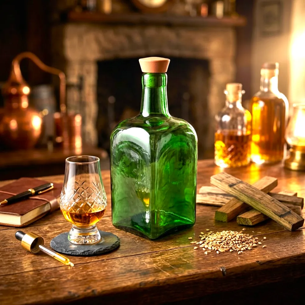 Licorera cuadrada Mexico 750 ml artesanal verde ambientada fondo bar chimenea whisk