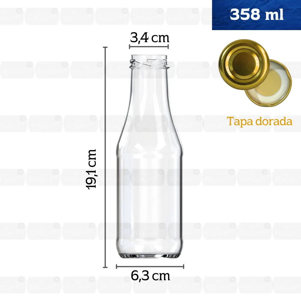 Home 55 Botella 358 ml EA4177 38 24 fondo blanco con cinta de capacidad cotas de medidas y tapa dorada marca de agua