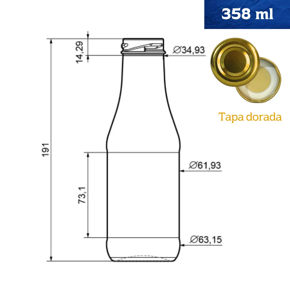 Home 56 Botella 358 ml EA4177 38 24 fondo blanco con cinta de capacidad cotas de medidas y tapa dorada